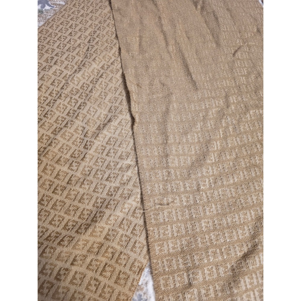 Fendi Zucca Monogram Scarf Tan Beige FF Logo Fringe Trim Rectangle Luxury Scarf - Picture 8 of 16